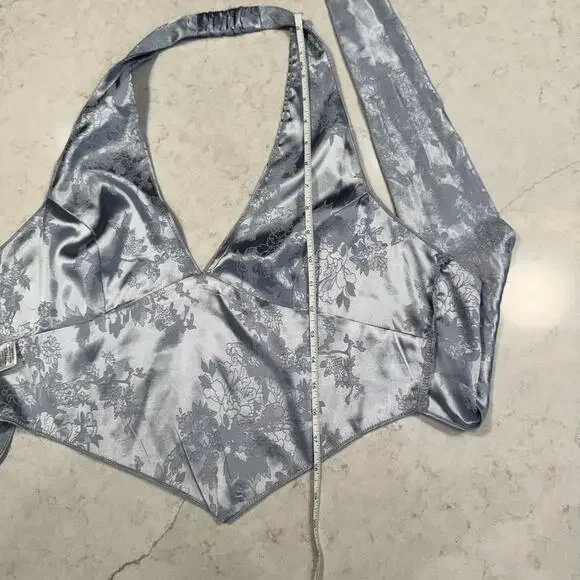 Windsor Satin Jacquard Halter Top Gray Silver Women's Large Tie Y2K Party Baddie - Picture 6 of 16